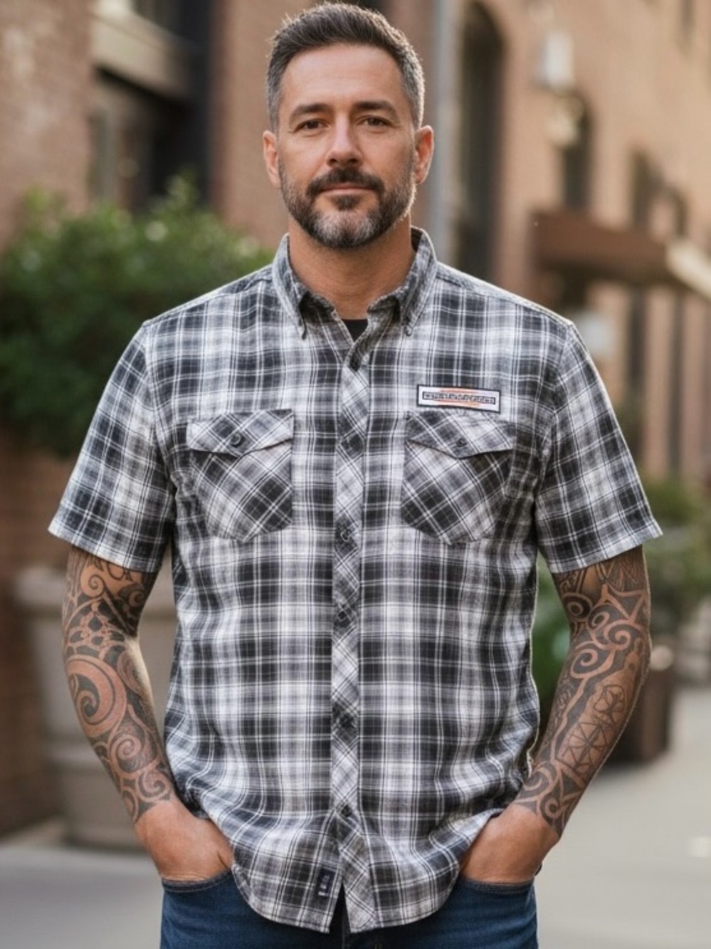 Harley-Davidson Mens 3XL Short Sleeve Stacked Graphic One Pocket Plaid Shirt